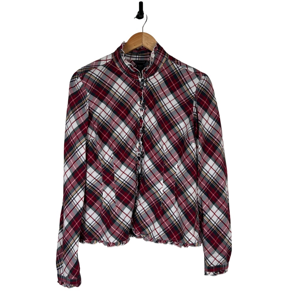Tommy Hilfiger Red Plaid Ruffle Trim Button Up Top XL Western Cowgirl Preppy - Picture 3 of 12